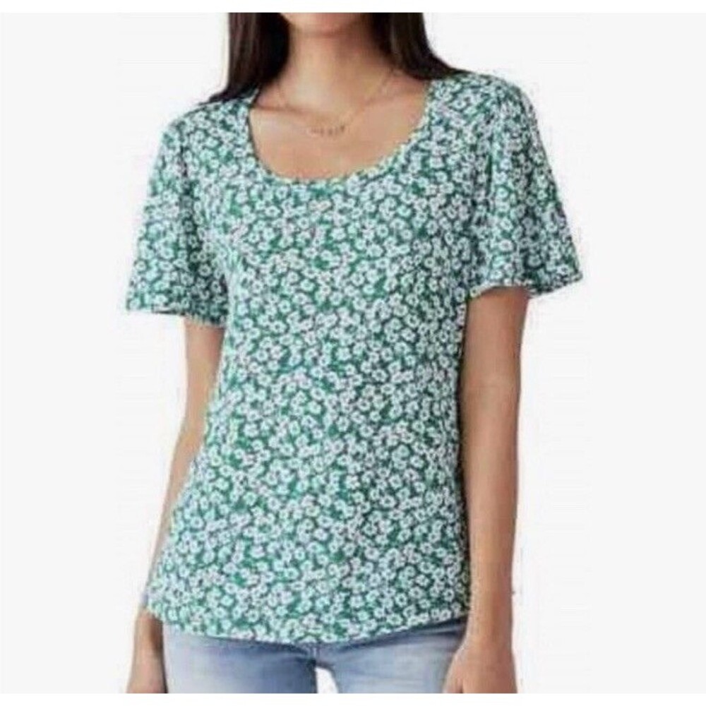 Lucky Brand Green Ditsy Floral Top Women L Flounce Sleeve Cotton Boho Coastal